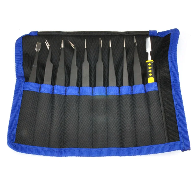10-Piece Set Anti-Static Tweezers Combination Set Cloth Bag Tweezer Combination Suit Easy Storage
