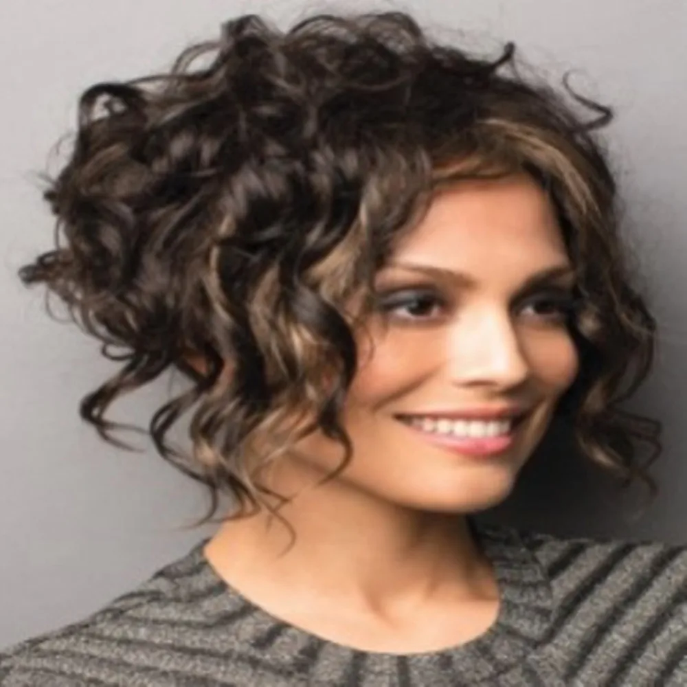 

Fluffy Side Part Brown Heat Resistant Synthetic Short Curly Bob Wig for Women Daily Party Use