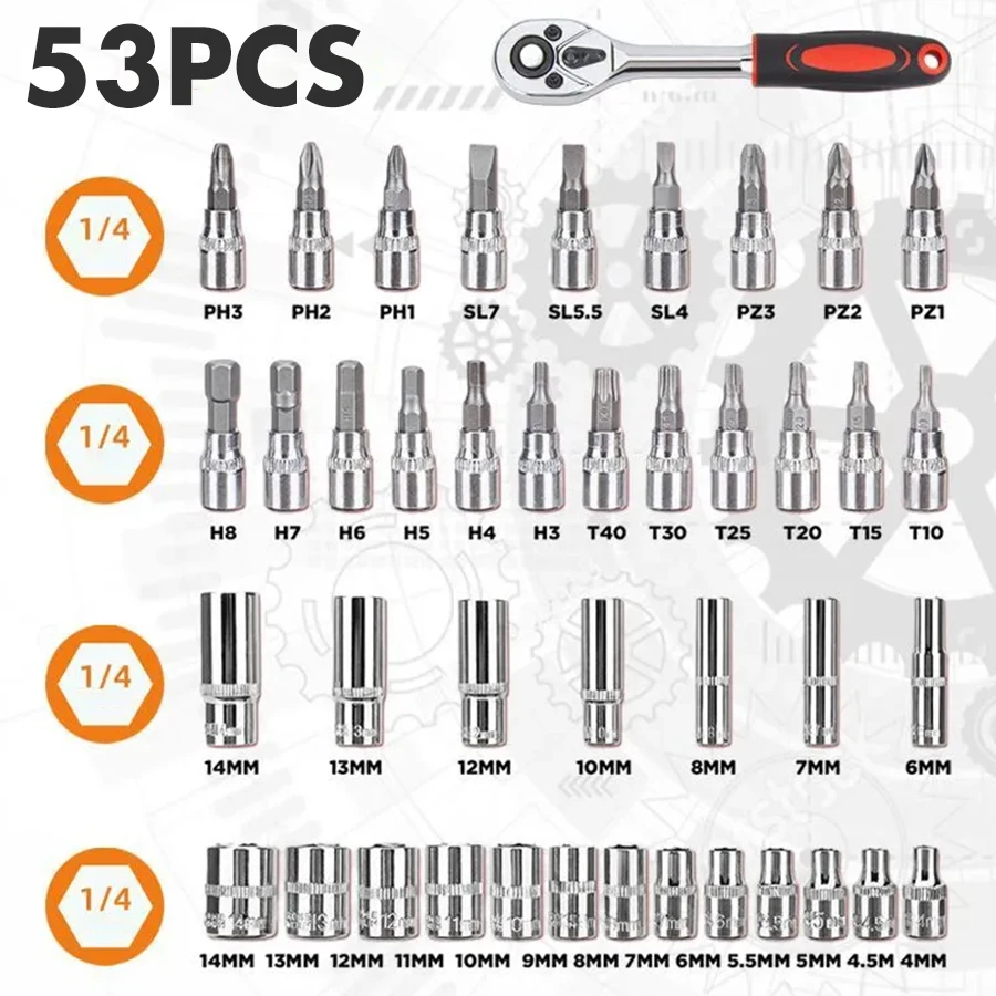 Set di strumenti multifunzionali da 53 pezzi: essenziale per i professionisti della manutenzione e gli appassionati di fai da te. Include una chiave a cricchetto