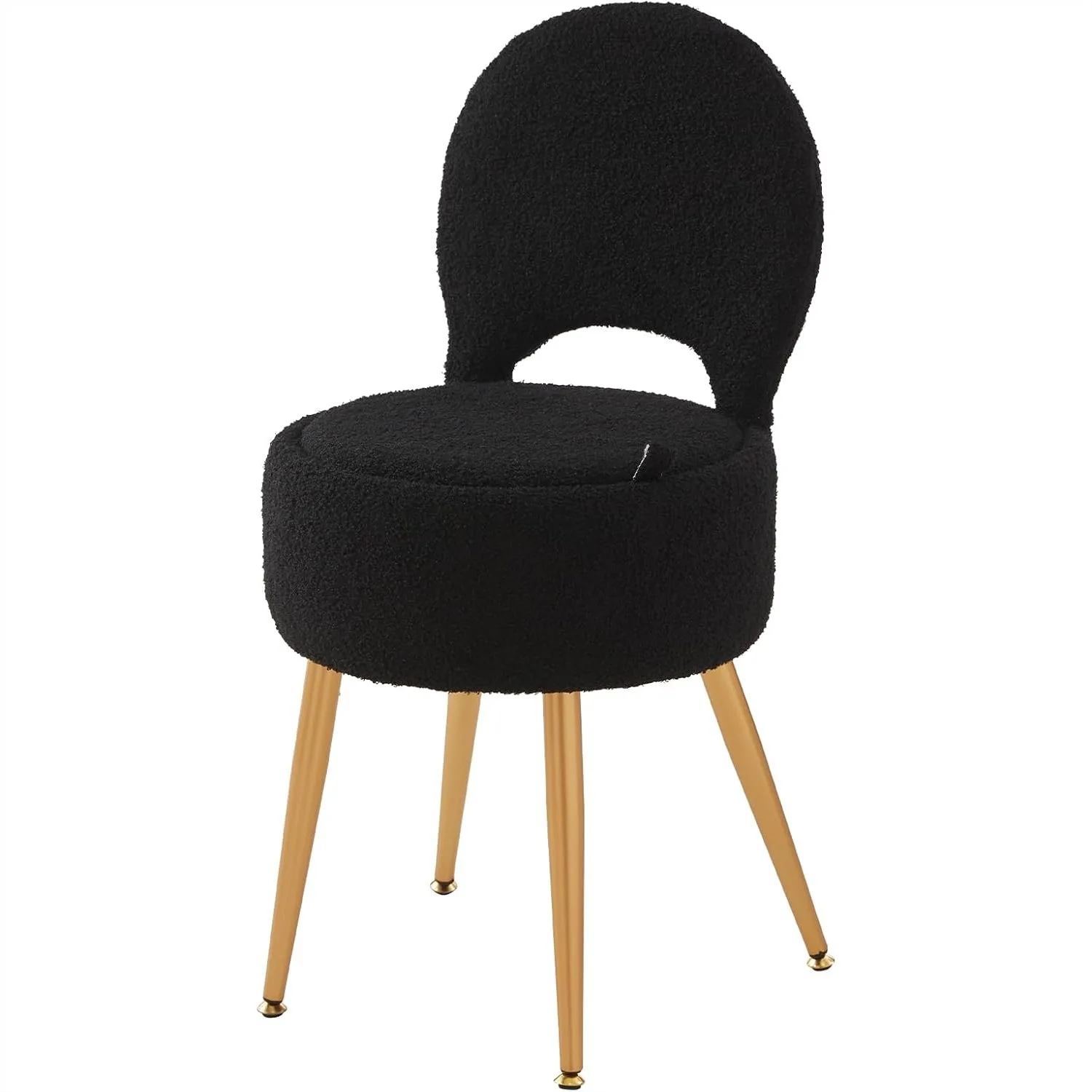 

Small Vanity Stool with Storage and Folding Back, 4 Metal Legs Anti-Slip Feet, Round Velvet Ottoman for Makeup Bedroom