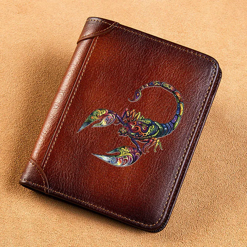 High Quality Genuine Leather Wallet Mysterious Scorpion Printing Card Holder Male Short Purses BK589