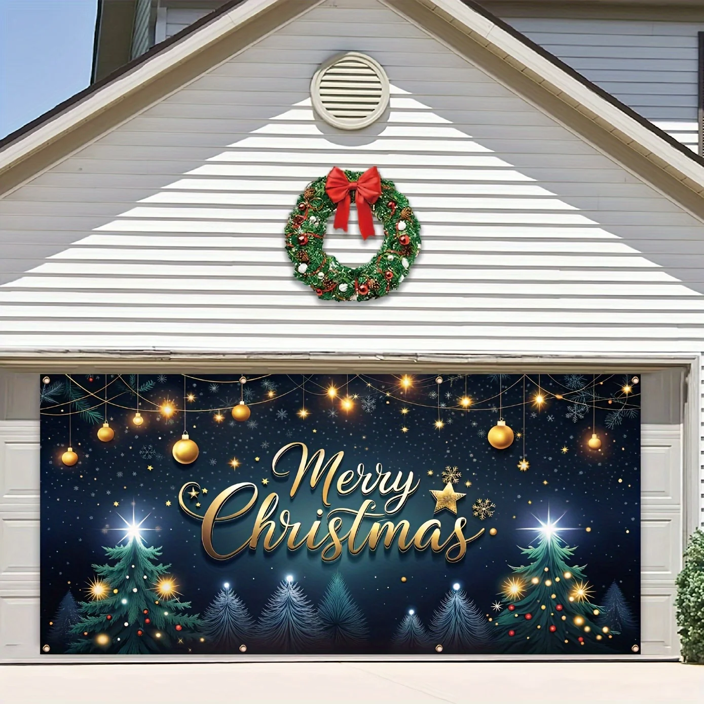 Ein flaches 2D-Garagen-Polyesterbanner „Merry Christmas“, perfekt für die festliche Partyatmosphäre und die Wandfotografie