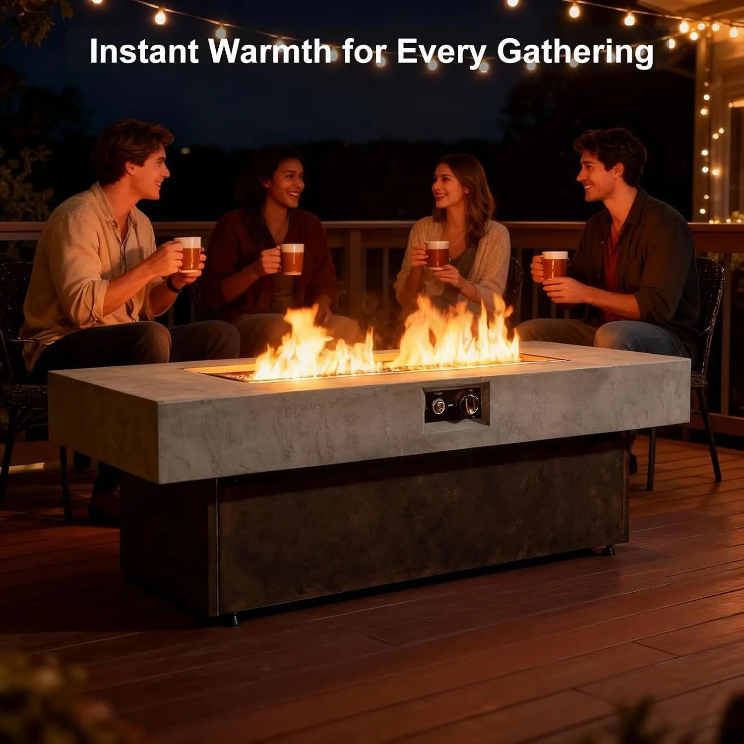 55 Inch Propane Fire Pit Table, 50000 BTU Outdoor Rectangle Gas Fire Table with Lid, External Tank, Cement Look, Customized