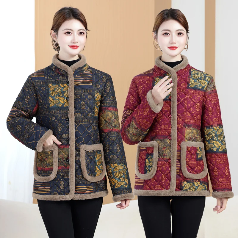 Damska kurtka zimowa z polaru w stylu retro 2025, ocieplana kurtka bawełniana dla kobiet w średnim wieku, kurtka codzienna plus size.