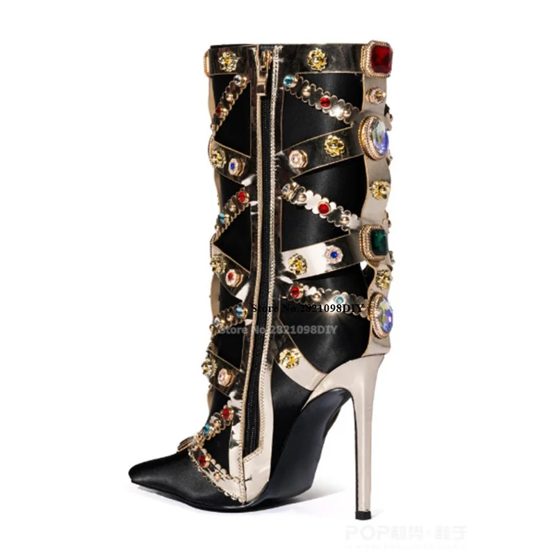 Ultra Luxe Satin Boot Pointed Toe Silhouette Gemstone Embellished Women Slim Stiletto Heeled Pointed Toe Long Boot