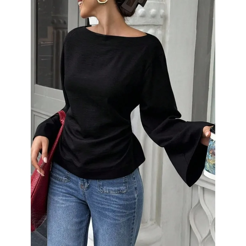 2026 Elegant Solid Color Women Boat Neck Flare Sleeve Top Back Tie Waist Slim Fit Multi Color Casual Daily Fashion Office Outfit