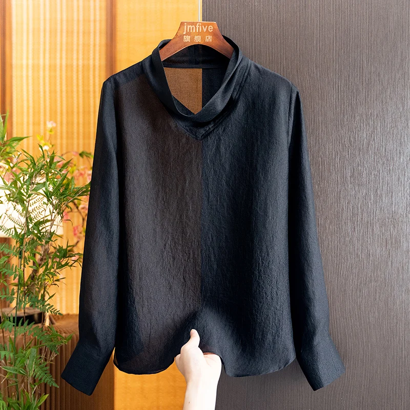 New Chinese-Style Elegant and Fashionable Silk-Like Blouse with a Draped Collar for Women, 2026 Autumn New Design Retro Top for Women