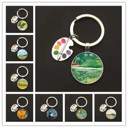 Classic Van Gogh Keychain Starry Night Painting Glass Cabochon Keyring Chain Retro Car Bag Keychain Ladies Jewelry