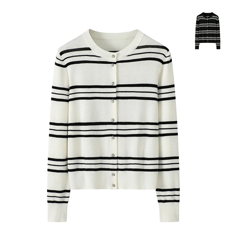 

Retro Striped Woolen Knitted Cardigan round Ne Commute Top Versatile Outerwear Casual Straight Fit Long Sve Polyester Blend