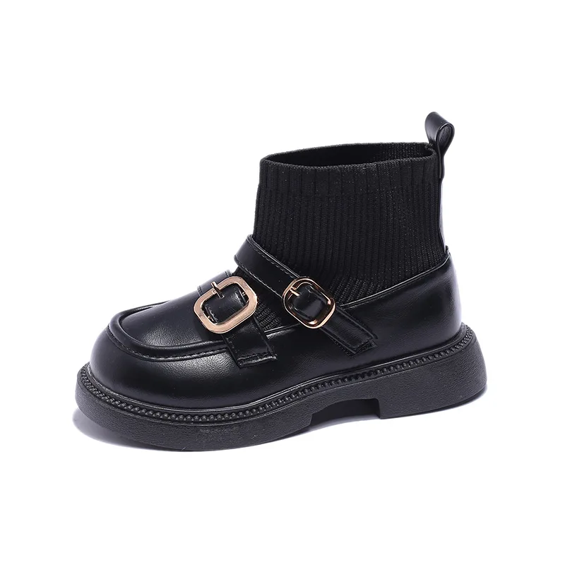 2024 Autumn Winter New Kids Short Boots Girls Fashion Casual Socks Boots Princess Children\'s Trend Leather Shoes Black Versatile