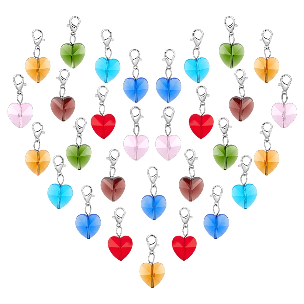 7 Colors Heart Glass Charms 28pcs Faceted Heart Pendants Dangle Charms Clip-on Stitch Markers with Lobster Claw Clasps