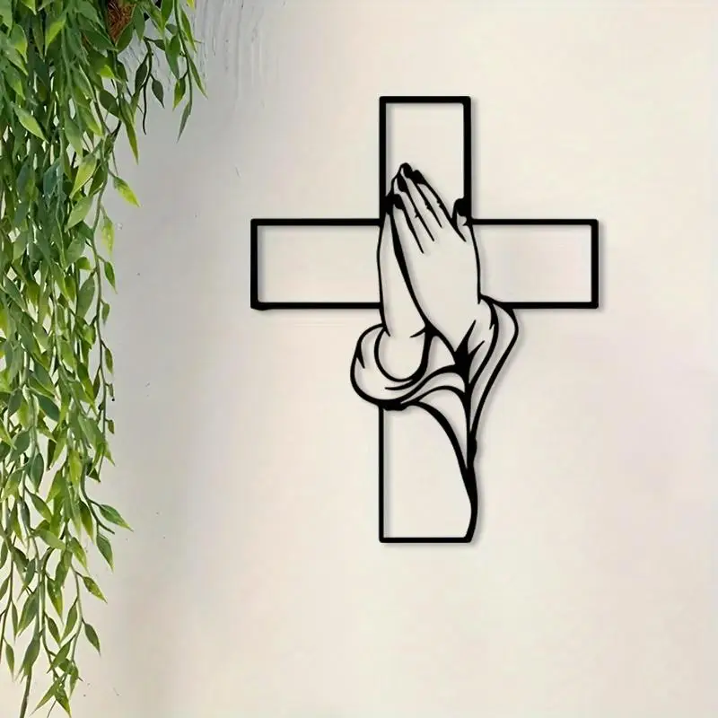 1 Piece Cast Iron Cross Art, Modern Religious Metal Wall Decor, Praying Hands Design, Easy to Hang, Perfect for Living Room and New Home Gifts