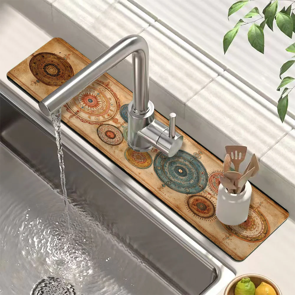 VIKAMA Bohemian Vintage Pattern Faucet Drip Tray For Kitchen And Bathroom, Silica Mud Countertop Of The Sink Drainage System