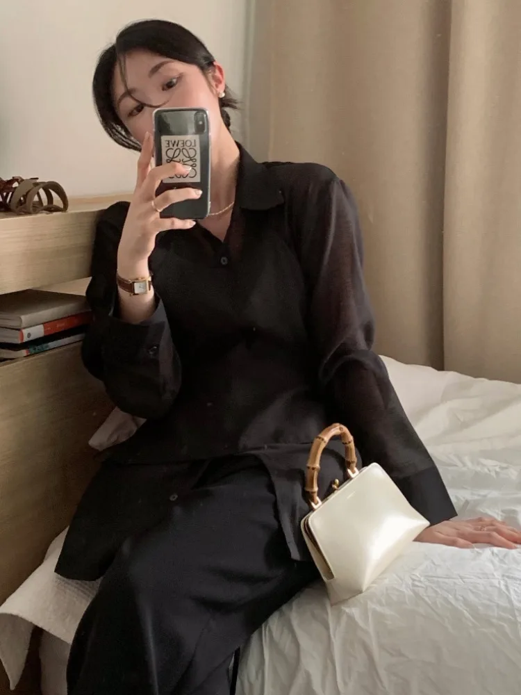 Lazin Sle ロングスリーブ襟付きとストラップ付きツーピースセット テクスチャードインナーウェア レディース 春秋冬シーズン