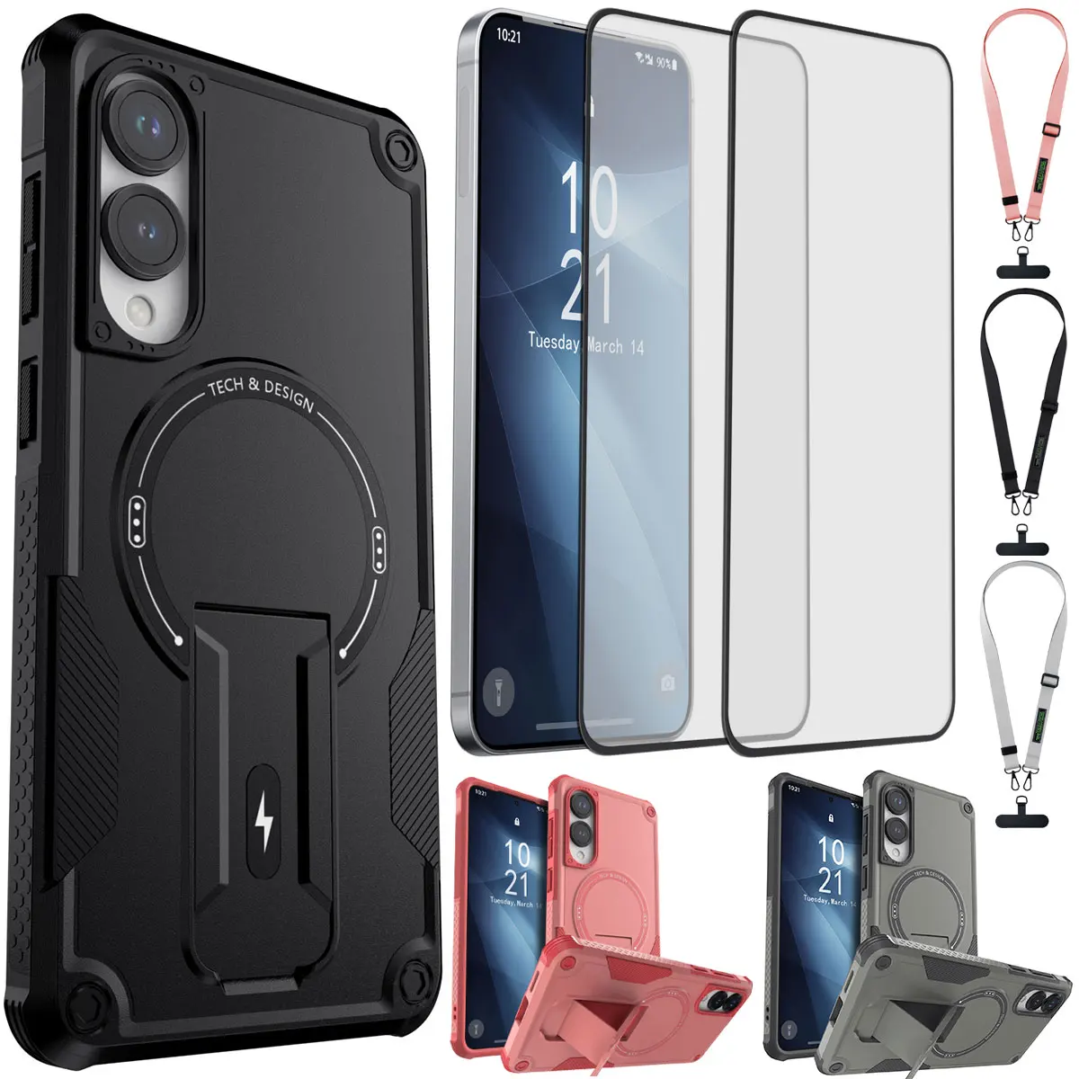 

Для Samsung Galaxy S25 Edge 5G чехол с подставкой и ремешком для телефона и 2 шт. полное покрытие закаленного стекла для экрана