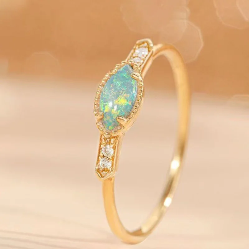 Ancient gold craftsmanship small and exquisite inlaid colorful Opal rings for women light luxury charm banquet silver jewelry