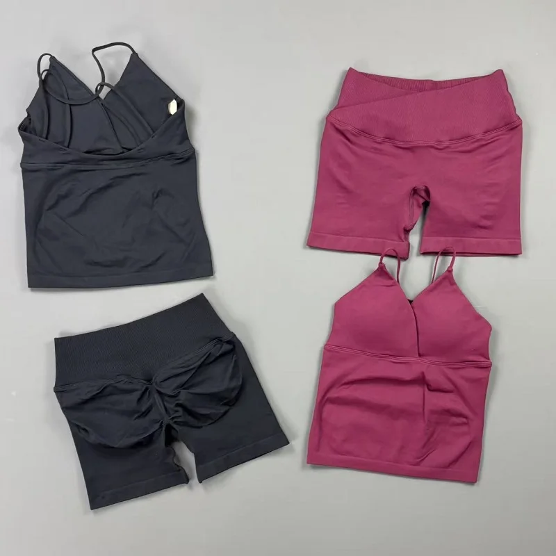 HISTELLO Vision Sports Sets Women Seamless Twist Front Longline Top Tummy Control Cross Shorts Suit Biker Gym Workout Set