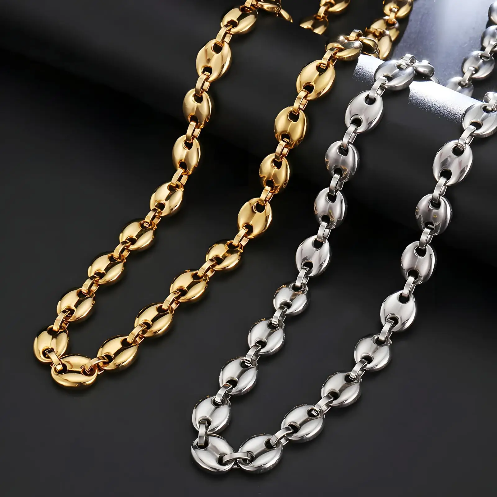 10Pcs Wholesale 316L Stainless Steel Coffee Bean Chain 5 Gold +5 Steel Color Combo Set Bulk Necklace Chain for DIY Jewelry