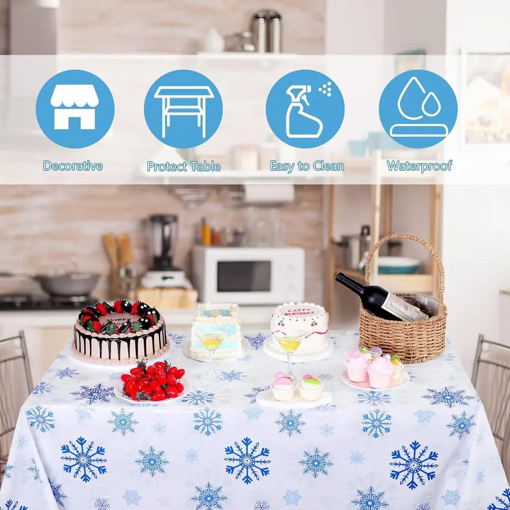 Winter Holiday Snowflake Tablecloth Set, 54x108 Waterproof Disposable White & Blue for New Year Party Decor