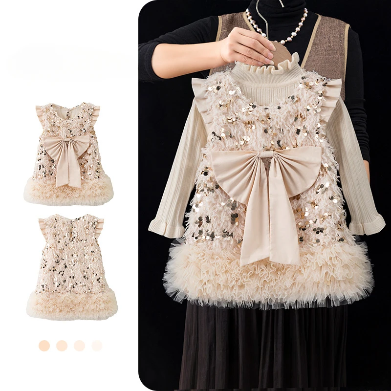 

Princess Baby Girls TUTU Dress Kids Children Vest Dress Big Bow Sequins Sleevess Formal Dress Spring Autumn Girl Party Clothes