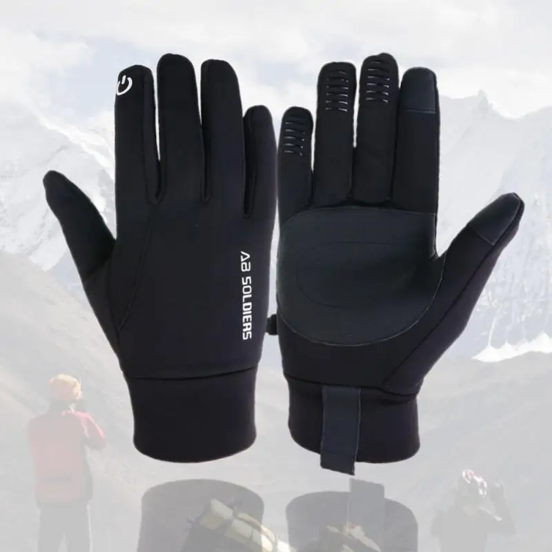 1pair Black Plus Velvet Warm Gloves, Autumn Winter Non-slip Touch Screen Gloves Outdoor Cycling Driving Fishing Sports Gloves