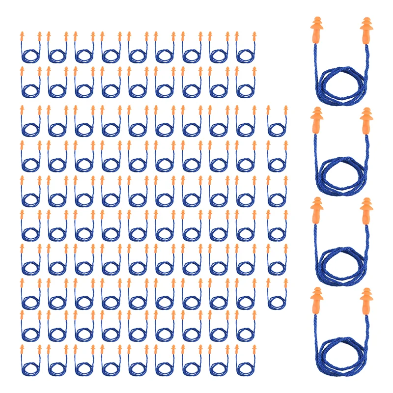 L72A-100 Pairs Individually Wrapped Non Toxic Soft Silicone Corded Ear Plugs Reusable Hearing Protection Rubber Earplugs