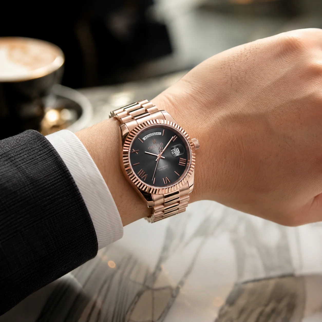 OBLVLO Montre homme en or rose, chiffres romains, cadran gris, affichage jour et date, analogique, mouvement Miyota 8215, bracelet RX-DD-LMD
