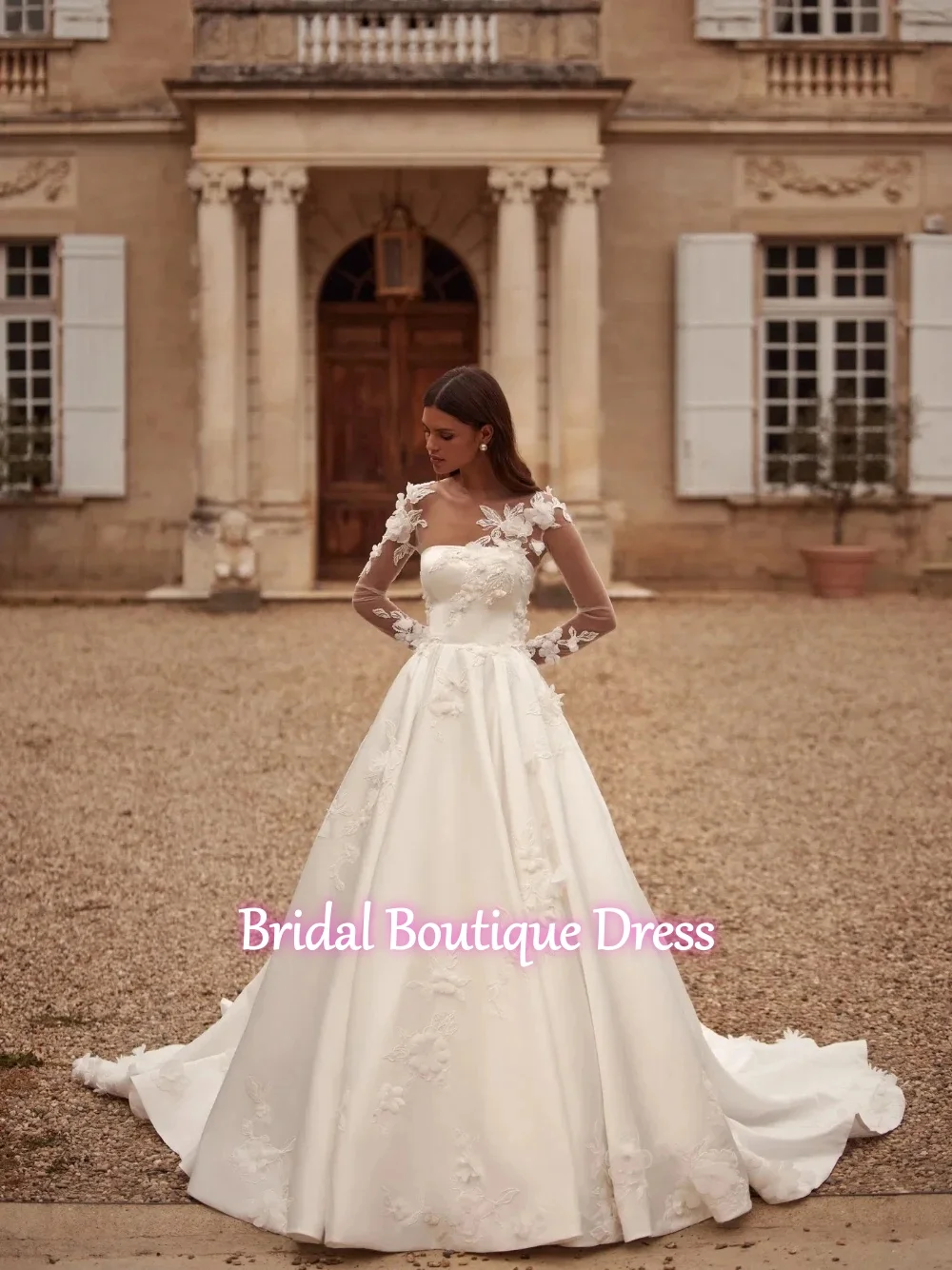 

Shiny Beaded 3D Flower Satin Wedding Dress Detachable Sleeve A-line Long Bridal Gown Customized Modest Dresses For Bride