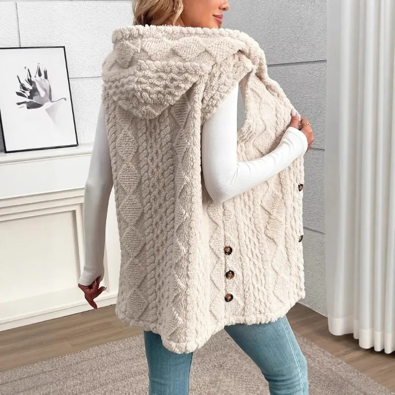 

Hot Sale Solid Color Double-Sided Stuffed Hooded Button Cardigan Casual Ladies Sleeveless Long Casual Autumn Winter Waistcoat