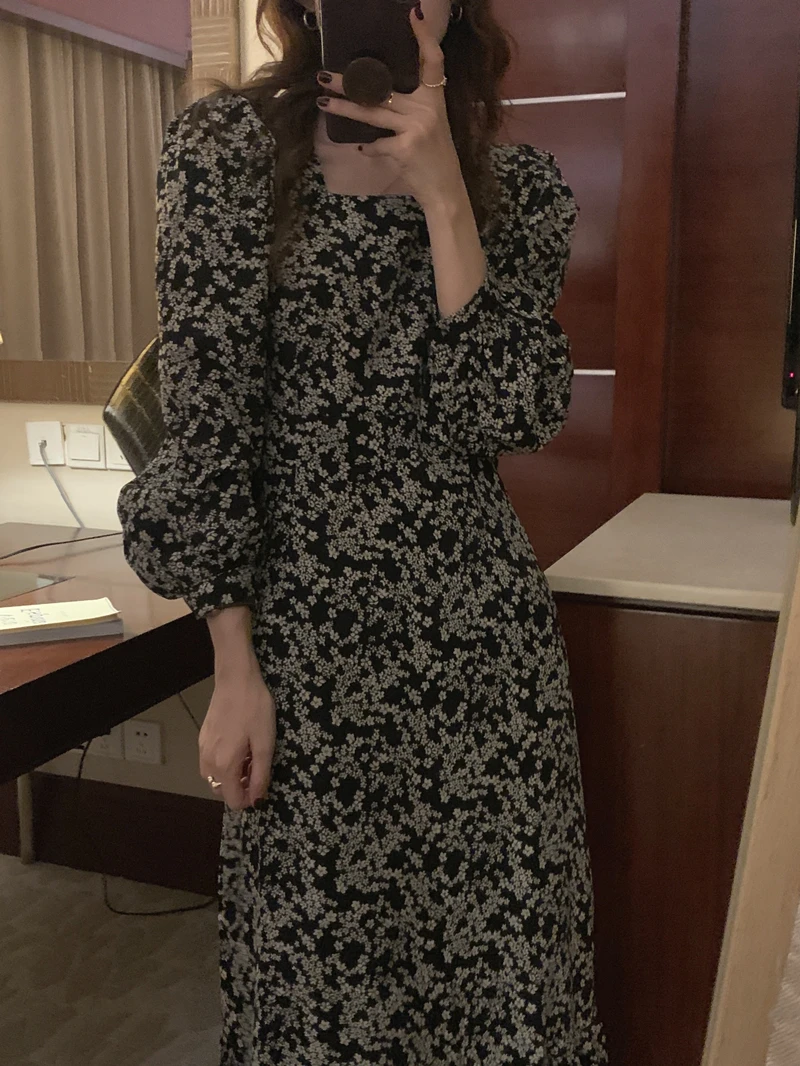 Ele Autumnal Vintage Chic Square Collar Bone Exposure Floral Slim Fit Long Sve Chiffon Dr Exuding Feni