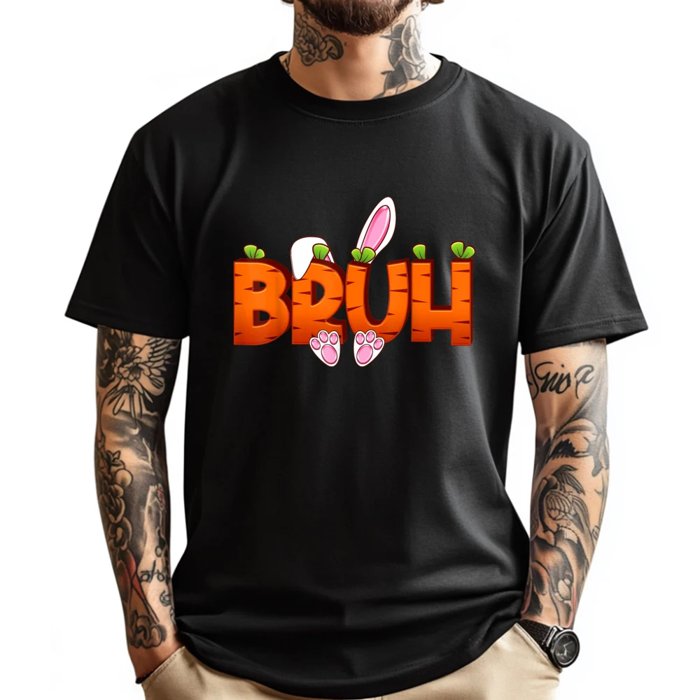 

Bruh Easter Day Carrot Bunny Greeting Teens Boys White Graphic Tee Adult Men's Cotton T-Shirt Big Size Game