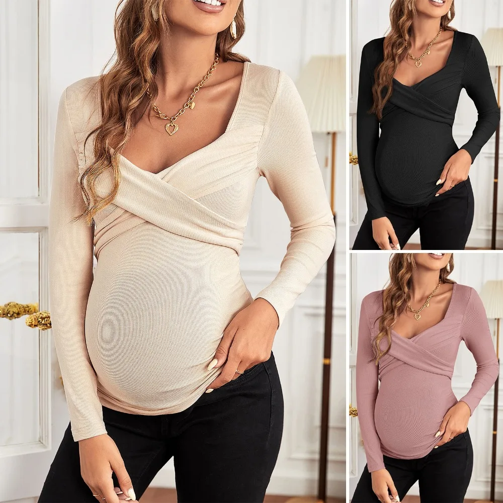 Pregnant Women's Fashion Cross Wrap Sweetheart Long Sleeve V-Neck Ribbed Pregnant Mom Spring Autumn/Winter T-shirt Top