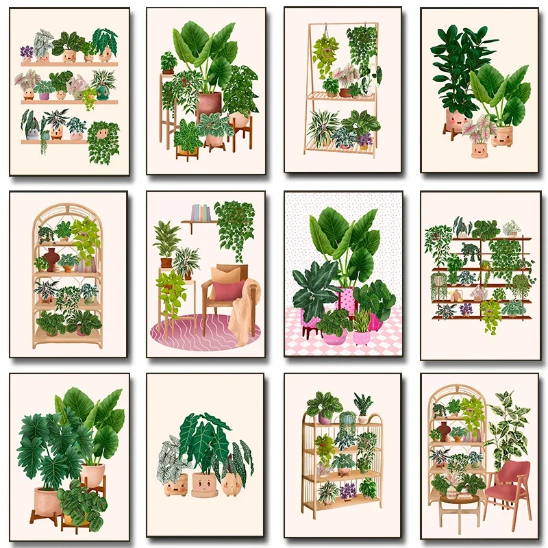 1pc frameless Canvas Painting Trendy Cute Plants On A Shelf Posters Modern Quirky Plant Minimalism Prints Canvas Painting Wall P
