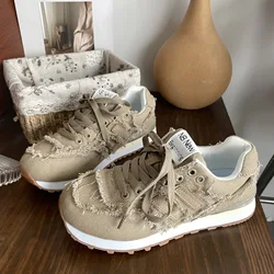 Shoes Woman 2024 Round Toe Casual Female Sneakers Espadrilles Platform New Retro Sports Fabric Fretwork Lace-Up Rubber Solid Lei