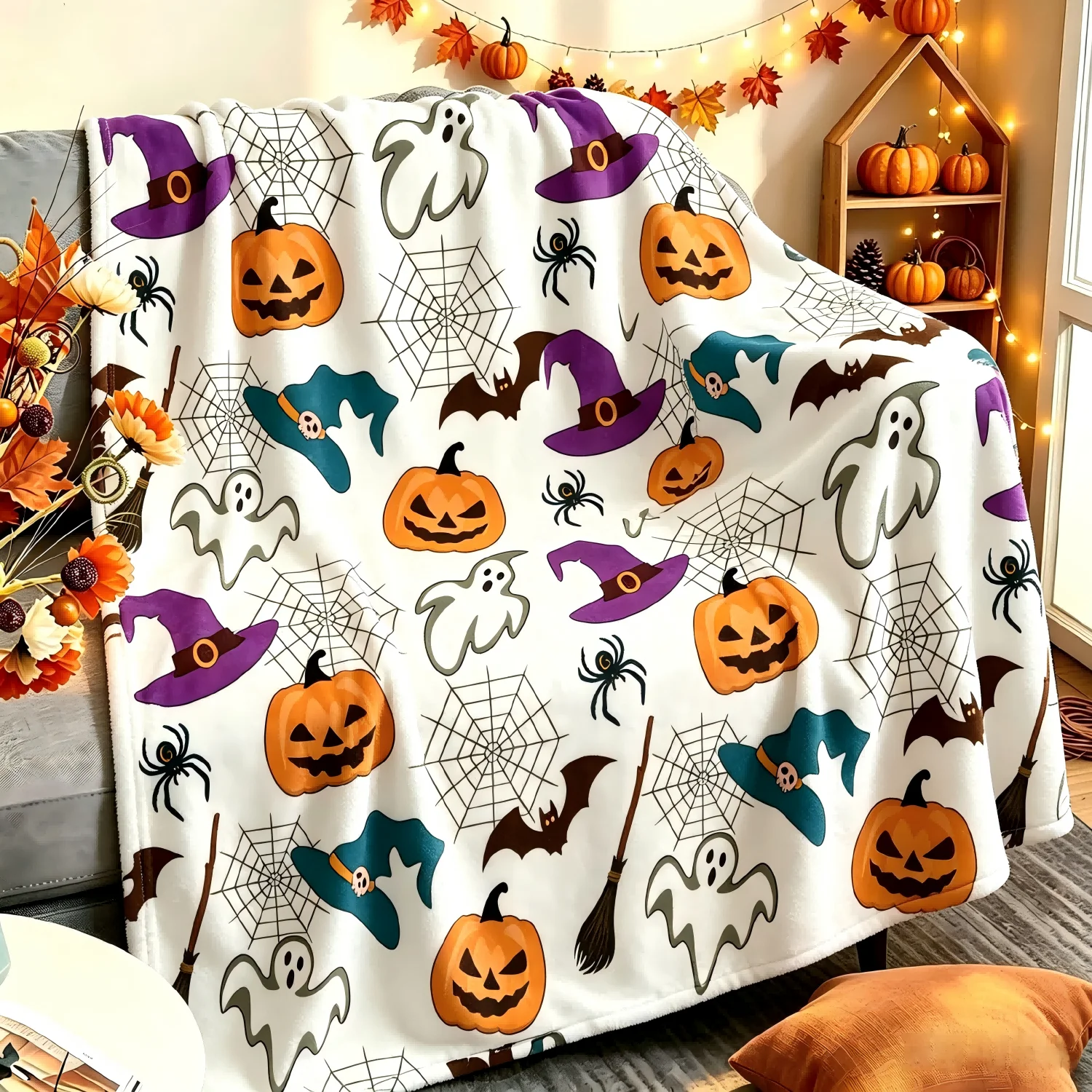 1pc Halloween X-mas Theme Blanket for Couch Throw Witch hats Bats Reindeer Flannel Thin Blankets Festival Gifts Four Season Use