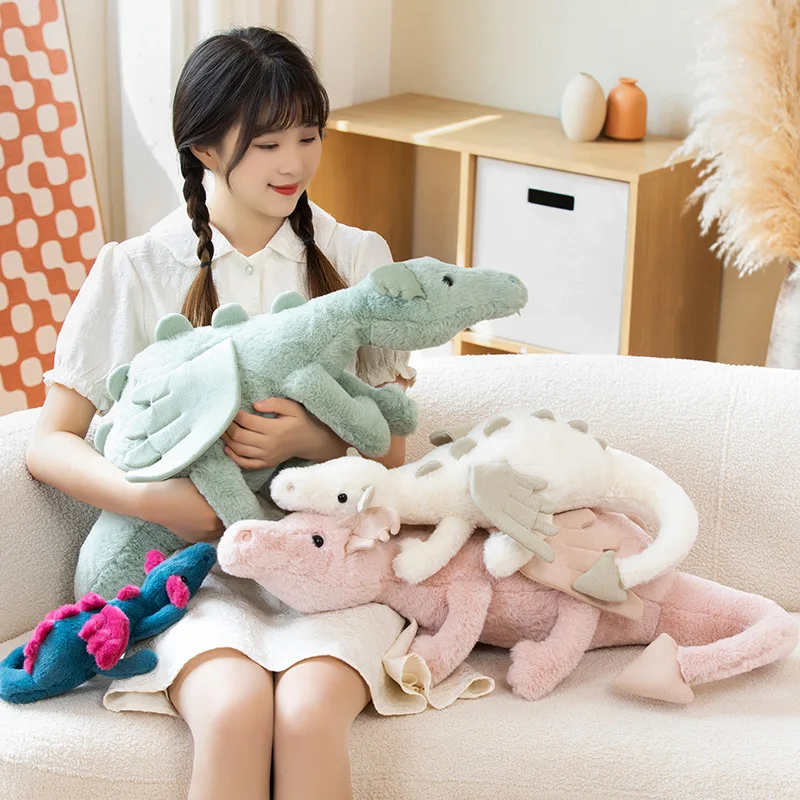 Cute Cartoon Little Dragon Plush Doll Dinosaur Pterodactyl Crawling Pose White Multicolor Grabbing Machine Doll Toy Large Pillow