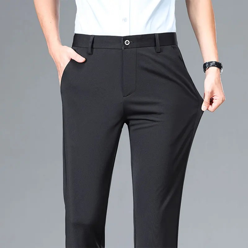 Stylish Straight Basic Trousers Solid Color Elastic Spring Summer Thin Mid Waist Fashion Button Men\'s Business Casual Suit Pants