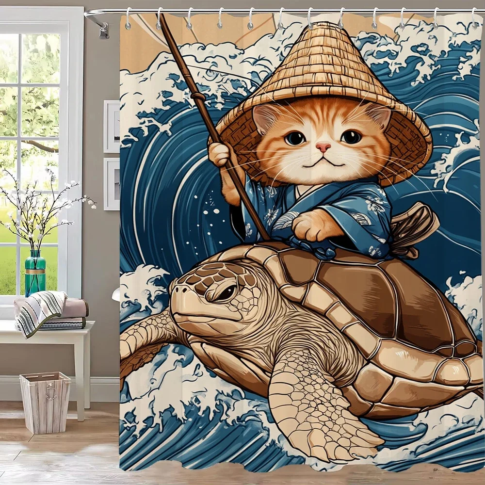 Funny Cat Riding A Turtle Shower Curtain,Japanese Wave style Polyester Fabric Bathroom Curtains for Home Decoration Curtain