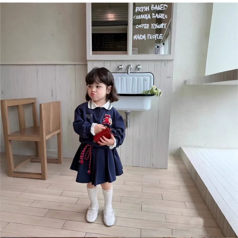 

Girls' preppy style casual set2025Spring and Autumn BabyPOLOGirl's Sweatshirt and Pleated Skirt Two-Piece Set