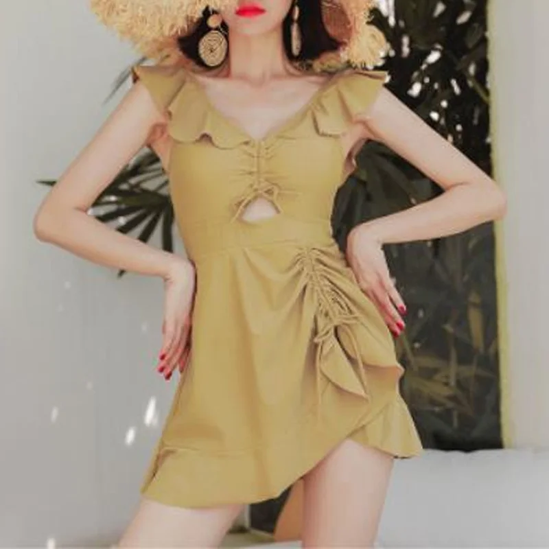 2023 New Summer Fashionable Bohemian V-neck Padded Sexy Ruffled High Waited Slim Fit Cover Belly Solid One Piece Skirt Swimwear