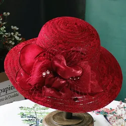 Sun hat for women in spring and summer, elegant mesh pearl flower sun hat, foldable outdoor large edge lace breathable beach hat