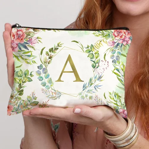 Imagen 2 del producto Bolsa de maquillaje con estampado de flores y hojas de sentido avanzado para mujer, bolsa de papelería escolar, bolsillo para baño, artículo esencial de viaje