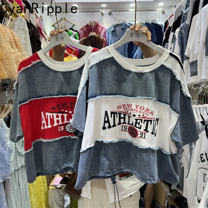 

American Street New Spring Summer Loose Short Sleeve T-shirt All-match Round Neck Letters Printed Colorblock Denim Splicing Tops