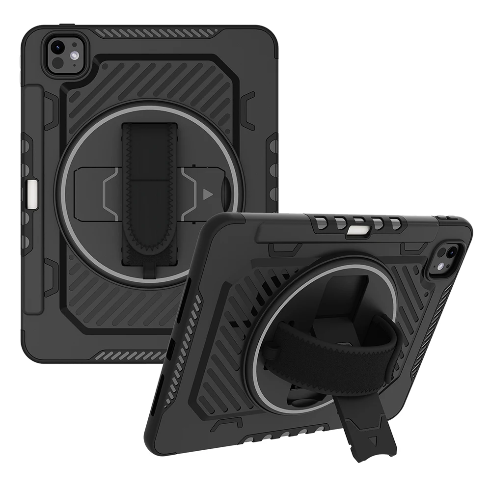 

For iPad Pro 11 (2024) Case Kickstand PC + TPU Shockproof Tablet Cover with Hand Strap / Pen Slot - Black