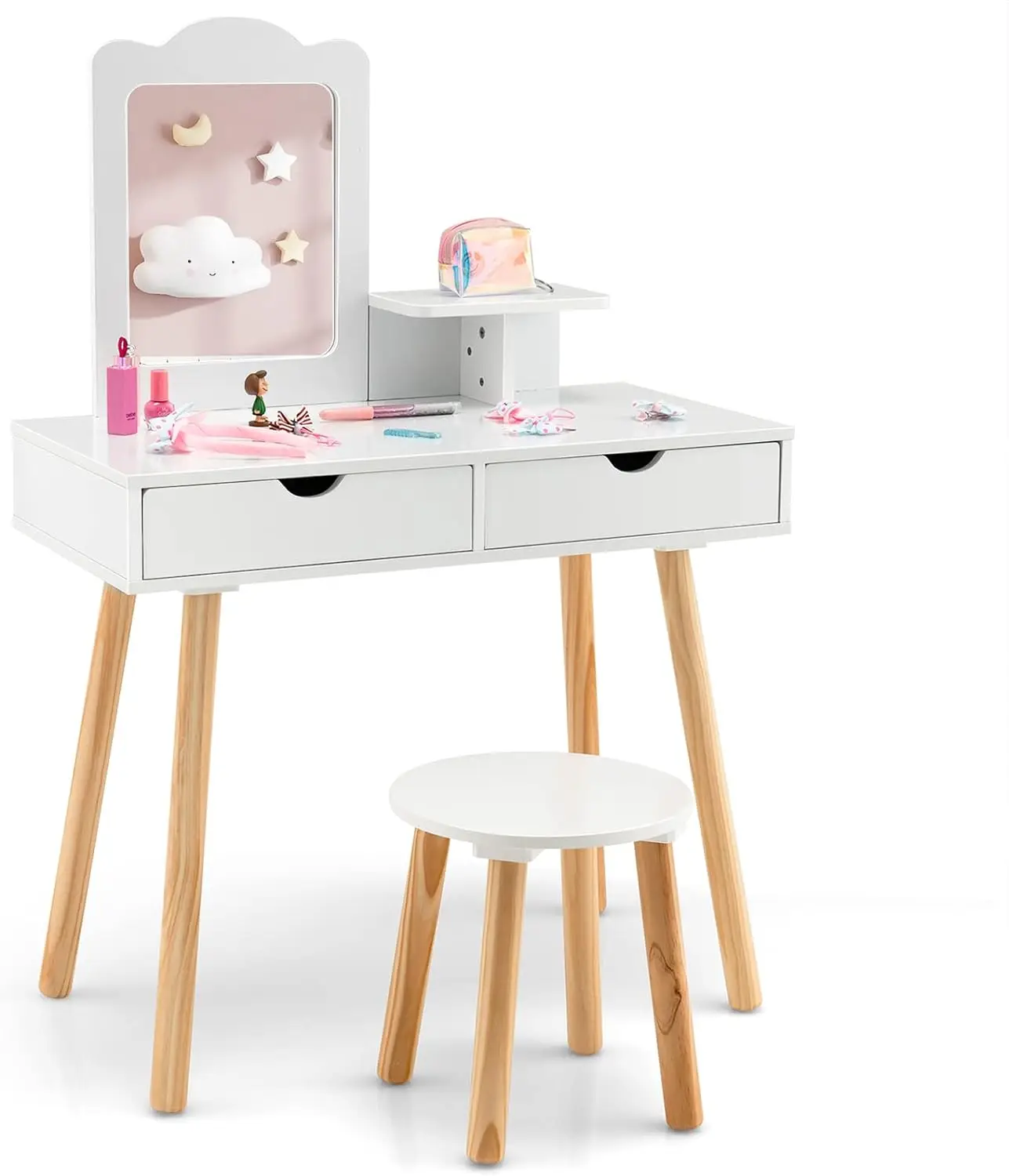 Kids Vanity Table and Stool, Wooden Children Dressing Table Set with Detachable Mirror, Princess Makeup Dresser Desk for Girlspr