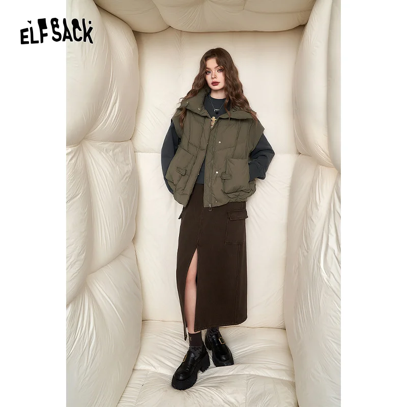 ELFSACK High Waist Cargo Split Skirt Women 2023 Winter New Korean Fashion Bottom