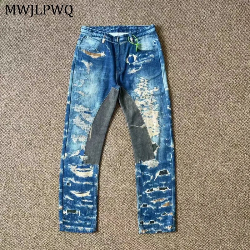 

MWJLPWQ Лоскутные джинсы с 3D принтом, мужские потертые джинсы High Street, потертые, унисекс, повседневные прямые брюки 11551