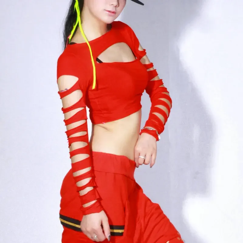 Traje de dança de hip hop feminino recorte vermelho superior calças de carga senhoras roupas de dança jazz palco rave outfit rua dancewear xs6504