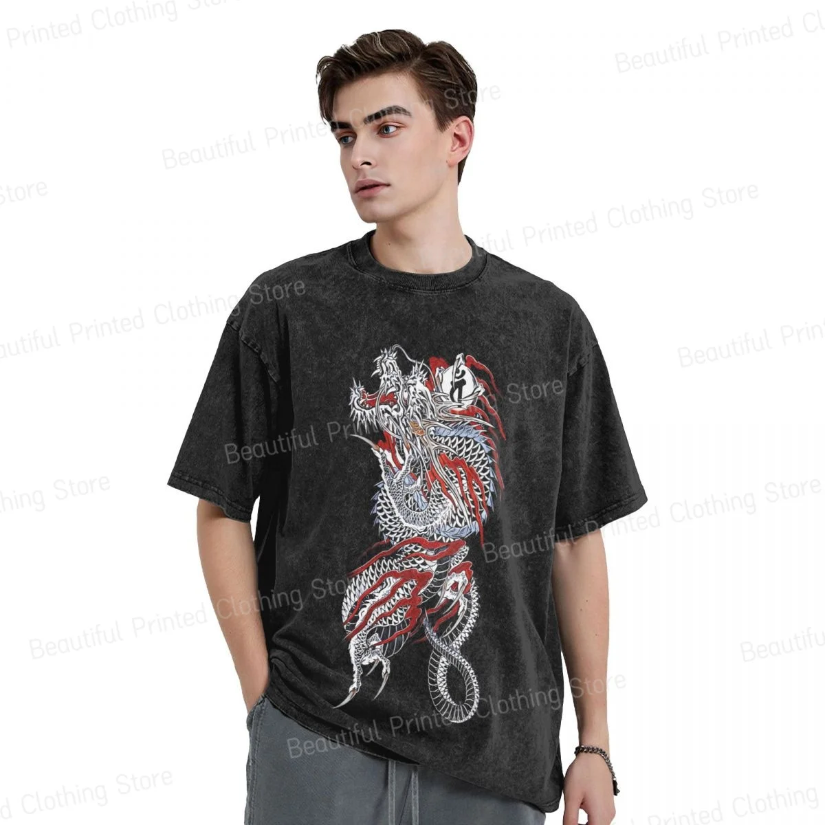 

Kiryu Kazuma Men Women Trend Fun Retro washed T-Shirt Yakuza Kiwami Dragon Printed Short Sleeved T-shirts Street Short Sleeve