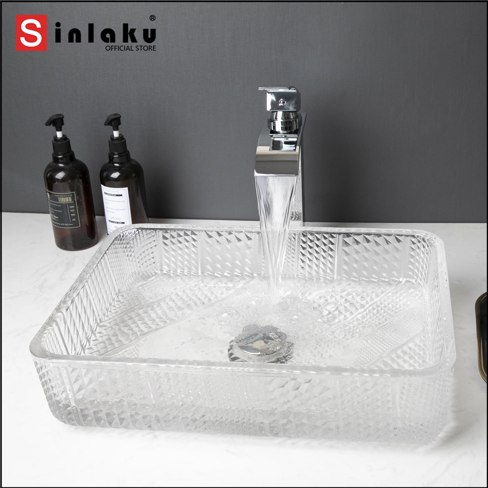 SINLAKU Bathroom Transparent Glass Basin Multiple Combinations Waterfall Outlet Washbasins Faucet Set Hot Cold Mixer Taps